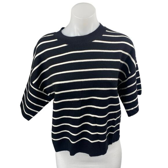 Abercrombie & Fitch Black White Striped Short Sleeve Crew Neck Sweater Top Sz M - Picture 1 of 3